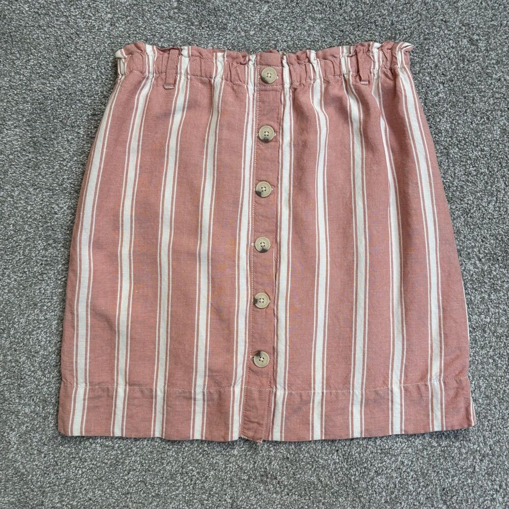 LOFT Skirt Womens Small Pink Stripe Button Linen Blend Paperbag Waist Preppy